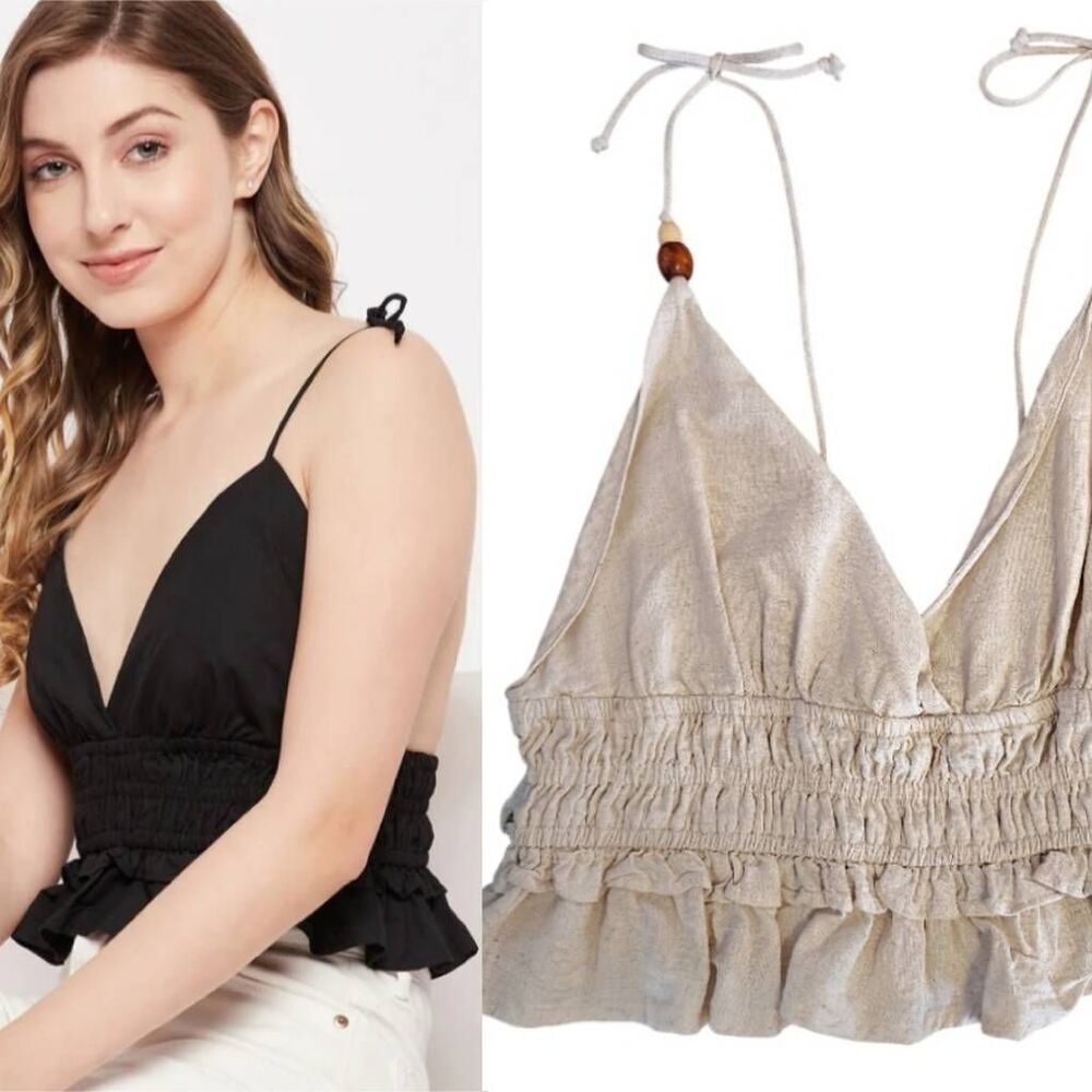 Sim And Sam Natural Poplin Smoked Waist Tank Top XL NWT Linen Blend 51216BL